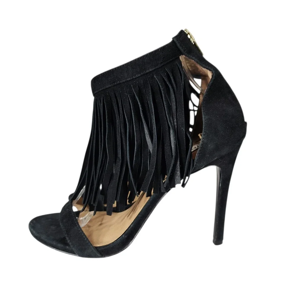 Steve Madden Fringe Stiletto Heel 7.5M Women Staarz Black Suede Ankle Strap Zip‎